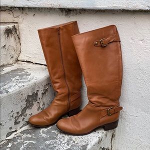 Brown Pleather Knee High Boots w/ Gold Buckles